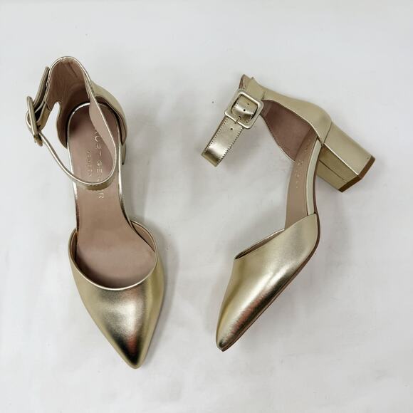 [Kurt Geiger] Gold Metallic Pointed Toe Block Heel Ankle Strap Heels 38.5 US 8 - Picture 8 of 10